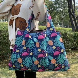 TROPICAL Palm leaf foldable Flamingo tote bag pineapple design
